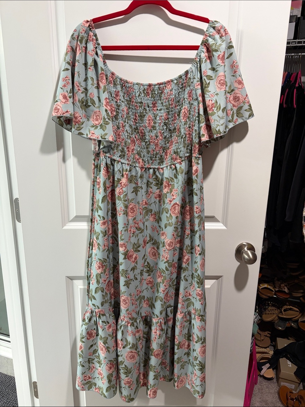 SHEIN Mint Green Floral Maxi Dress with Pink Roses